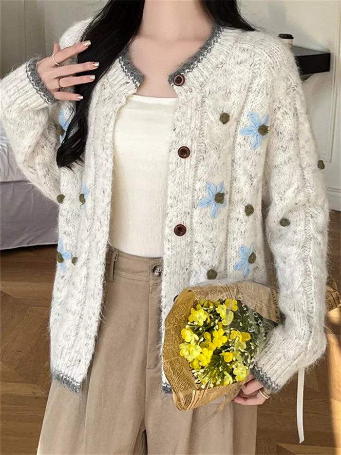 Women's Cream Cable Knit Cardigan with Blue Floral Embroidery