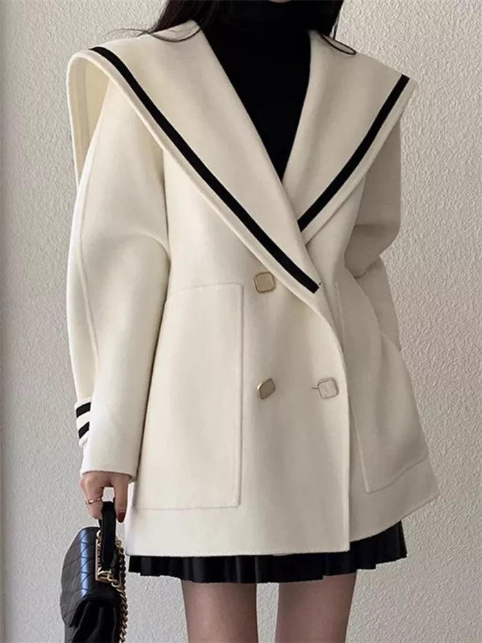Women's French Vintage White Sailor Collar Coat Double Breasted Faux Cashmere Wool Jacket Preppy Loose Outerwear