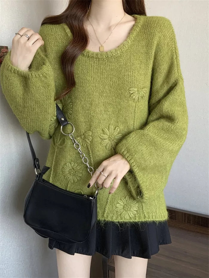 Women's Korean Chic Lime Green Floral Jacquard Knit Sweater Oversized Soft Pullover Winter Top