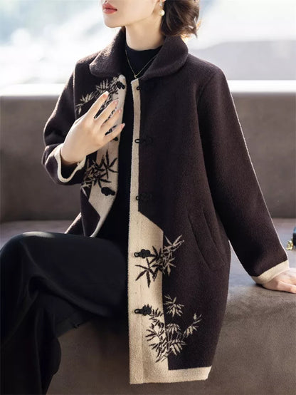 Women's Vintage Chinese Style Bamboo Print Wool Blend Coat Elegant Contrast Frog Button Jacket