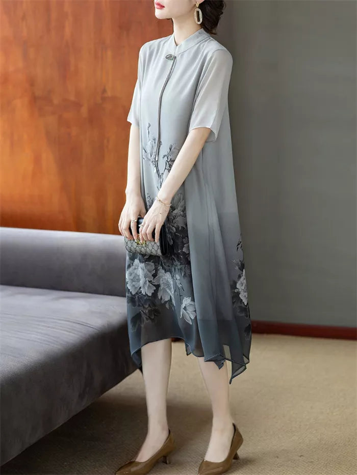 Women's Elegant Grey Ombre Chiffon Midi Dress Chinese Style Ink Floral Print Improved Qipao Summer Loose Dress