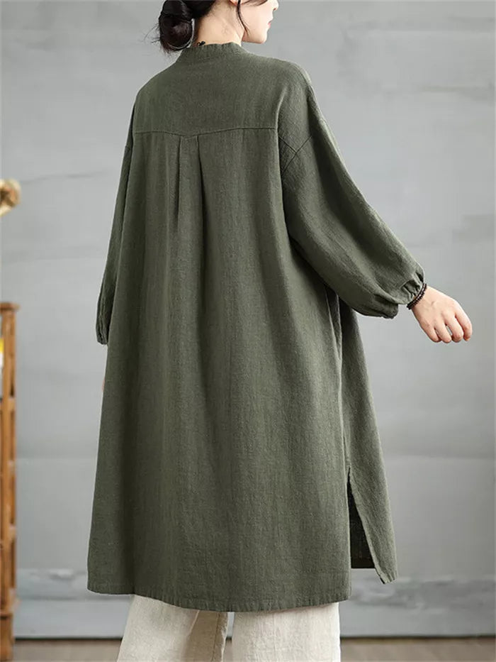 Women's Vintage Cotton Linen Long Coat Chinese Style Frog Button Zen Cardigan Trench Jacket