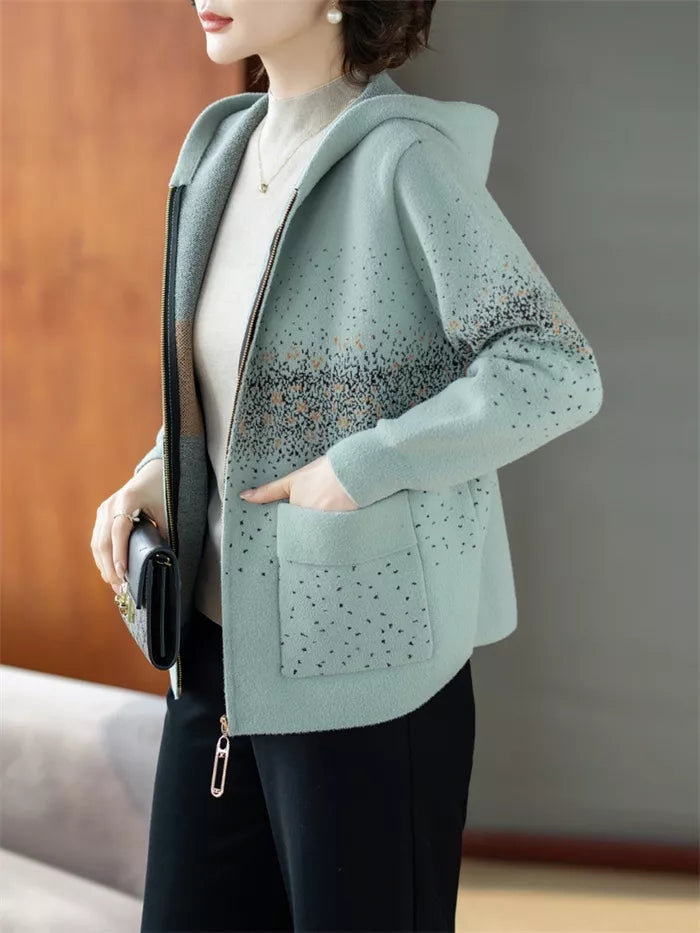 Women's Mint Green Hooded Knit Jacket Casual Zip-Up Cardigan Sweater Coat with Speckled Print