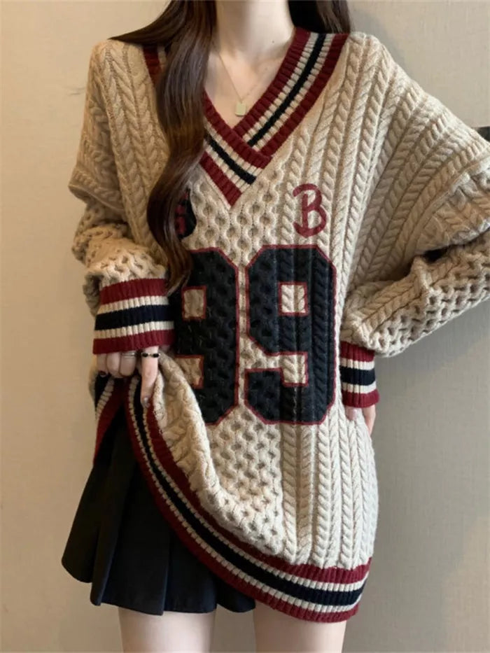 Women's Vintage Preppy Style V-Neck Cable Knit Sweater