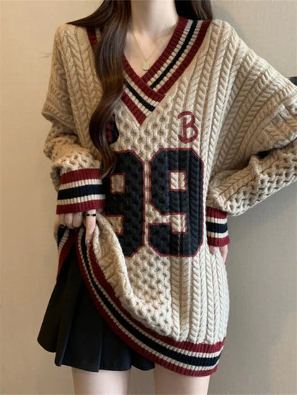 Women's Vintage Preppy Style V-Neck Cable Knit Sweater