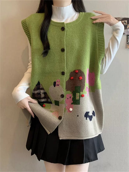 Women's Vintage Green Landscape Jacquard Knit Vest Artistic Button Down Waistcoat