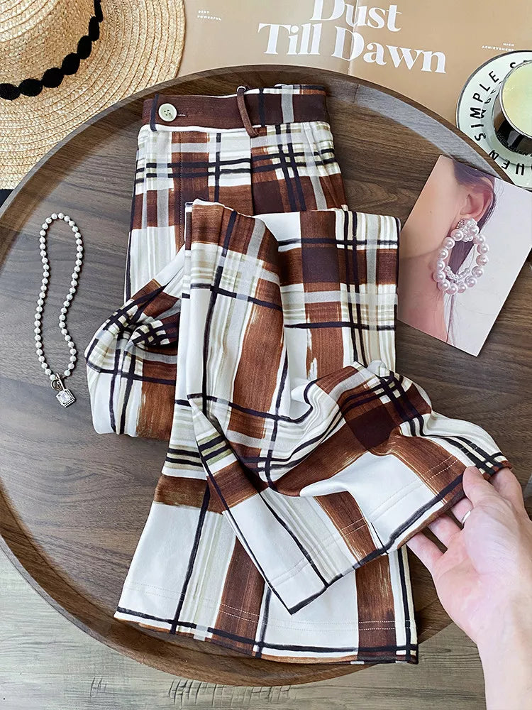 Women's French Vintage Brown Plaid Wide Leg Pants High Waist Thick Straight Trousers