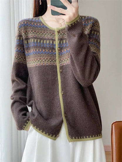 Women's Vintage Ethnic Style Wool Beige Geometric Pattern Crew Neck Cardigan