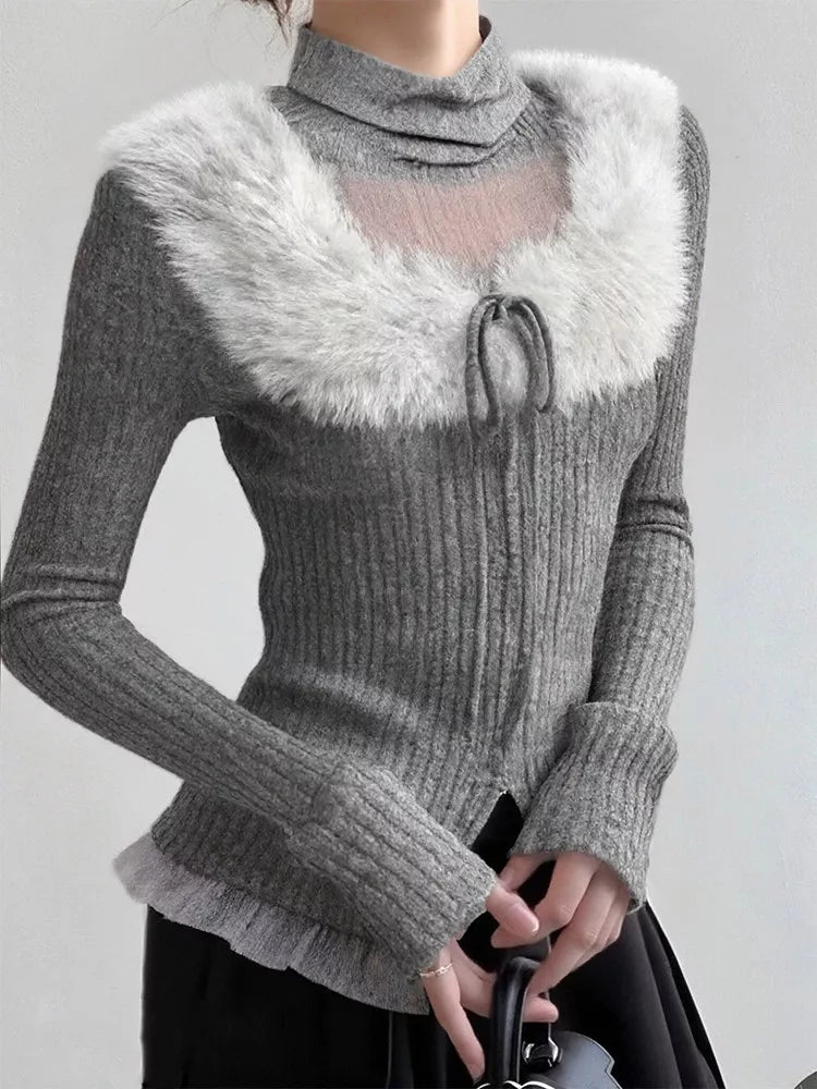 Women's Grey Faux Fur Collar Ribbed Knit Top