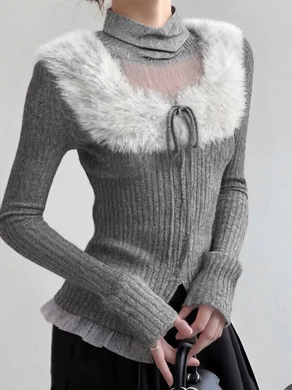 Women's Grey Faux Fur Collar Ribbed Knit Top