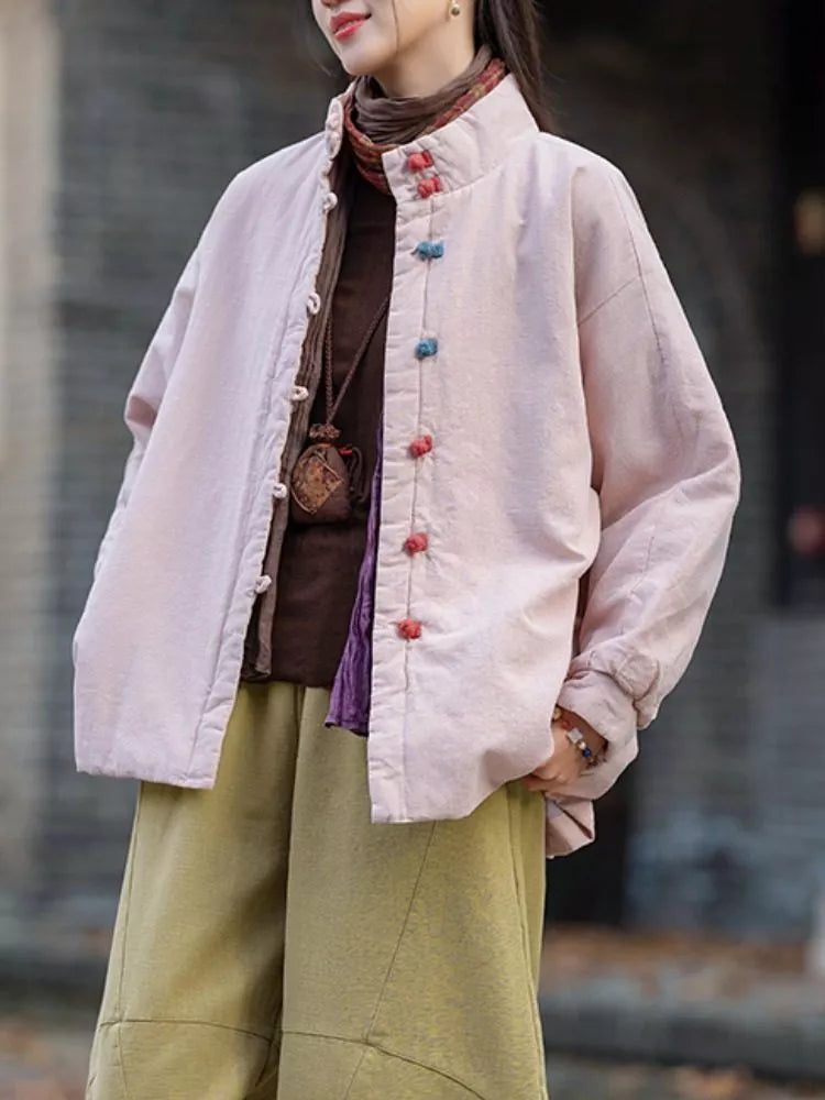 Women's Vintage Cotton Linen Padded Jacket Chinese Style Frog Button Short Coat