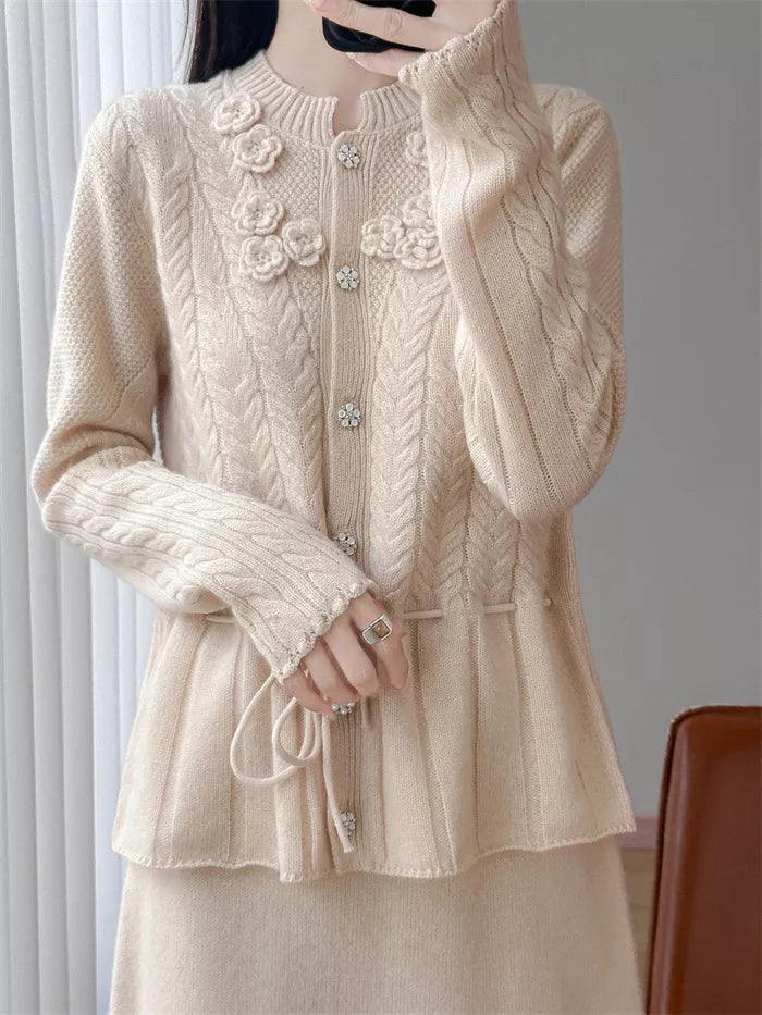 Women's Elegant White 3D Floral Wool Cardigan Drawstring Waist
