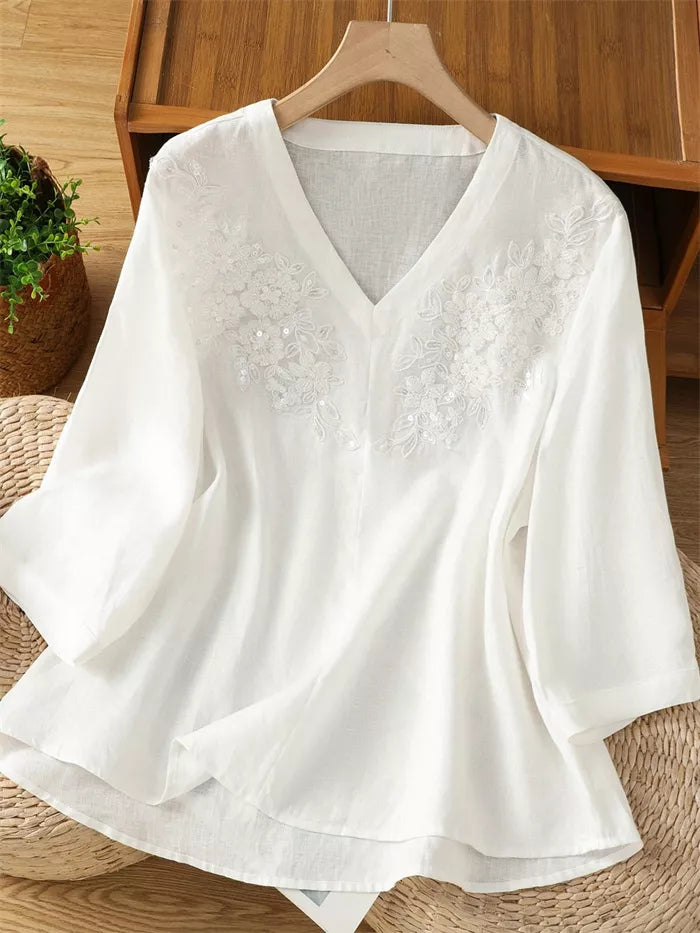 Women's Artistic Light Blue Ramie Blouse Floral Embroidered V-Neck Shirt Beaded Linen Top