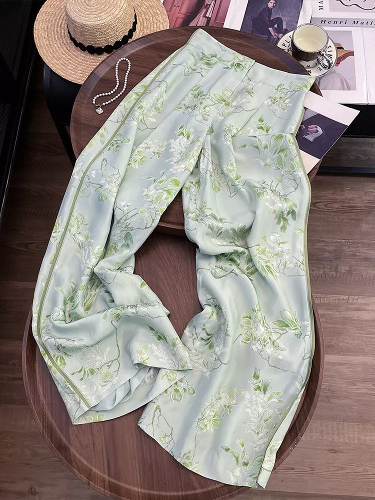Women's New Chinese Style Green Floral Wide Leg Pants High Waist Satin Vintage Straight Trousers