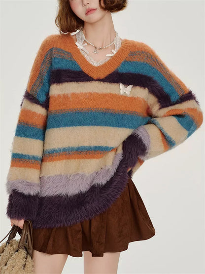 Women's Y2K Vintage Striped Mohair Knit Sweater Oversized V-Neck Fuzzy Pullover