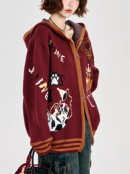 Women's Y2K Burgundy Zip-Up Hooded Cardigan Oversized Cartoon Cat Graphic Knit Jacket