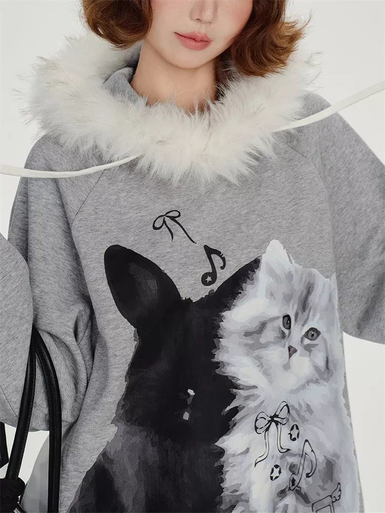 Women's Kawaii Grey Cat Hoodie Faux Fur Trim Pom-pom Drawstring Sweatshirt