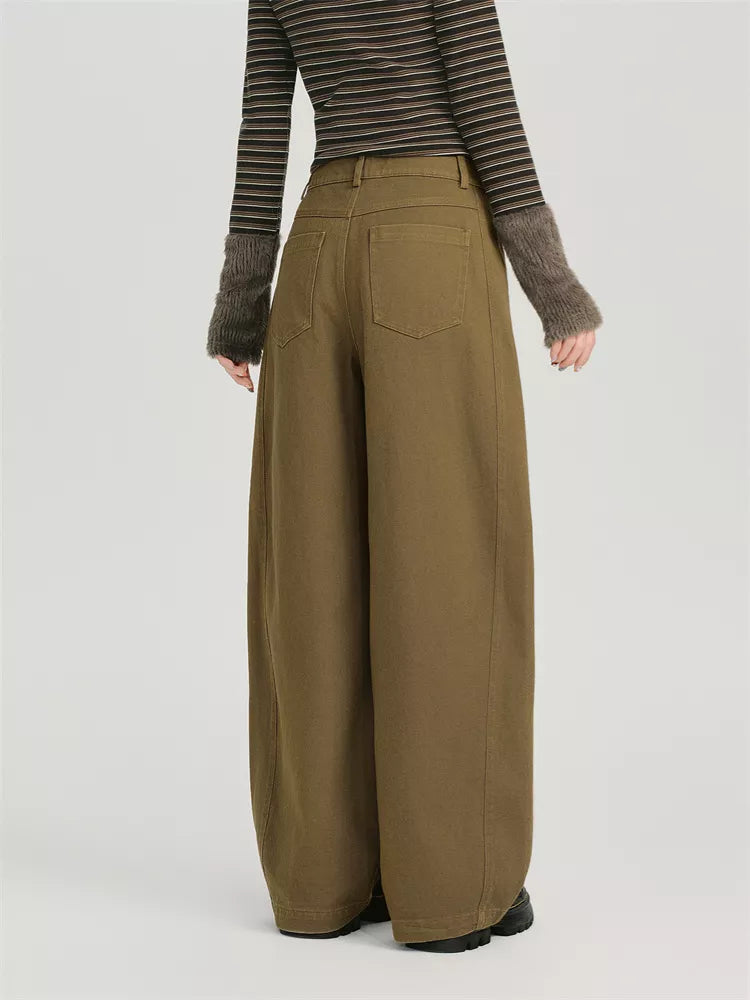 Women's Olive Green Wide Leg Pants Cute Fuzzy Cat Applique Baggy Trousers