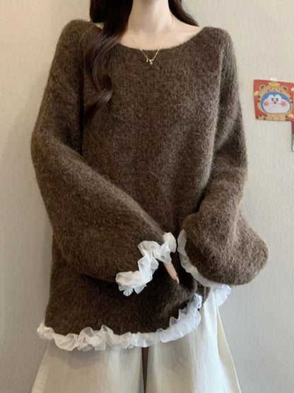 Women's Coffee Fuzzy Knit Sweater with White Ruffle Trim Oversized Soft Pullover