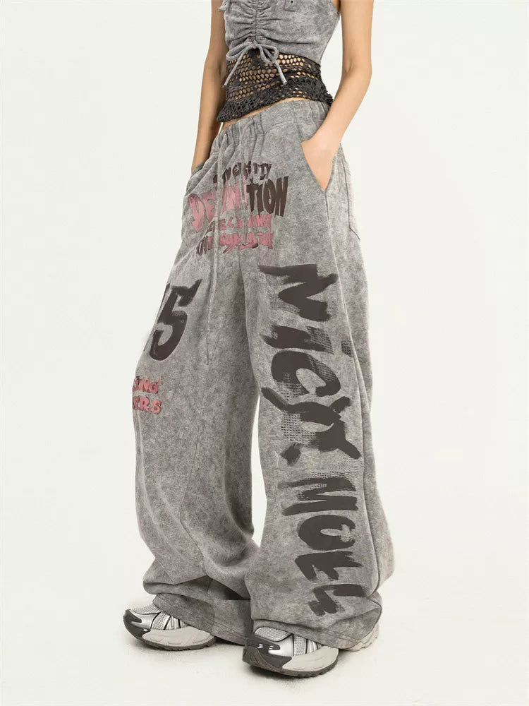 Women's Y2K Acid Wash Grey Sweatpants Graffiti Letter Print Baggy Joggers