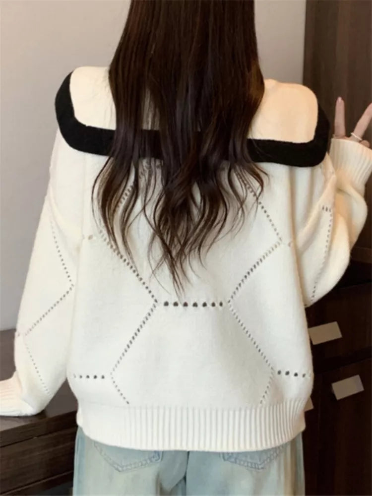 Women's Cute Beige Sailor Collar Knit Sweater 3D Floral Applique Pullover