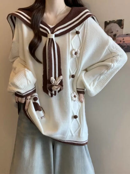 Women's Kawaii Sailor Collar Knit Sweater Cute Paw Print Pocket 3D Flower Pullover