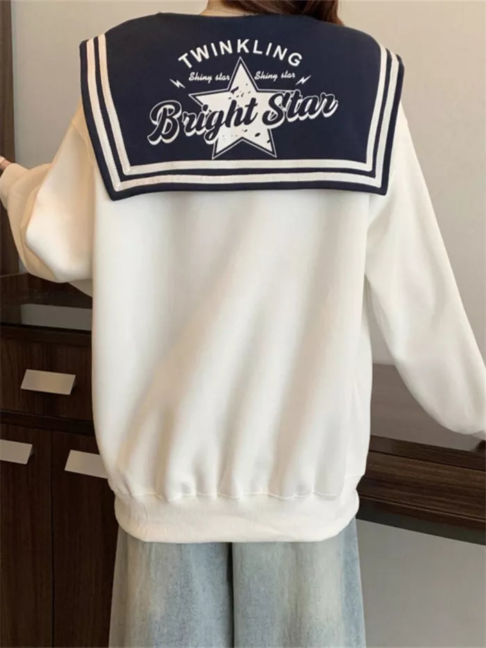 Women's White Sailor Collar Sweatshirt Cute 3D Star Pendant Pullover