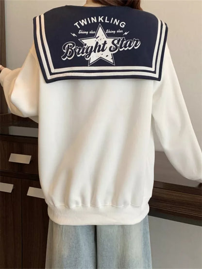 Women's Navy Blue Sailor Collar Sweatshirt Cute 3D Star Pendant Pullover