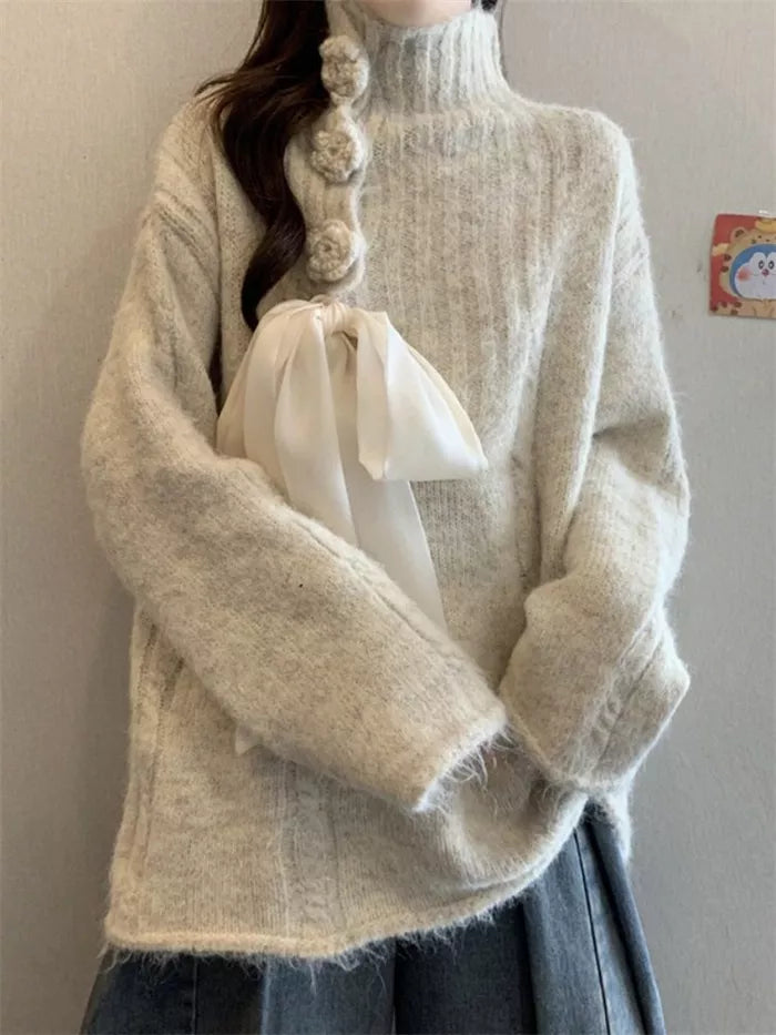 Women's Apricot Mock Neck Knit Sweater Large Satin Bow Tie 3D Rose Button Pullover