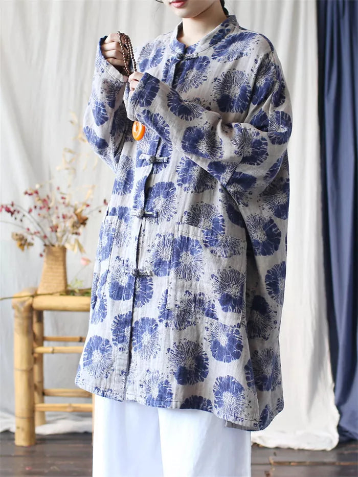 Women's Vintage Chinese Style Blue Batik Print Padded Coat Mid-Length Cotton Linen Jacket with Frog Buttons
