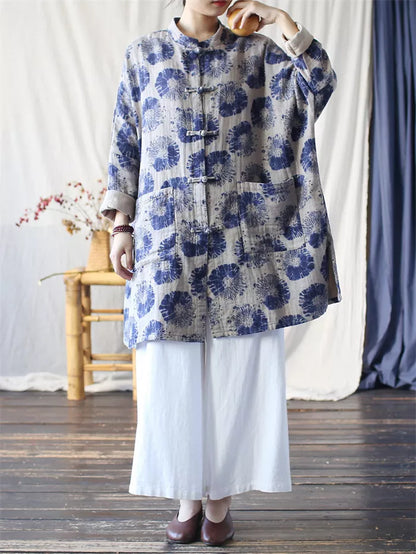 Women's Vintage Chinese Style Blue Batik Print Padded Coat Mid-Length Cotton Linen Jacket with Frog Buttons