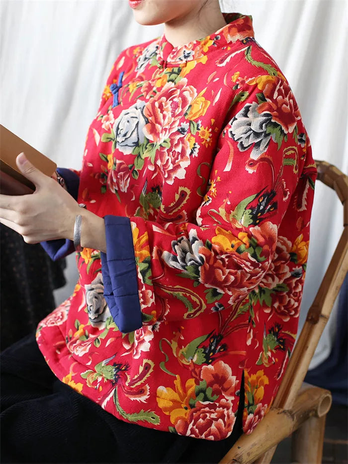 Women's Vintage Chinese Style Blue Floral Padded Jacket Cotton Linen Frog Button Short Coat