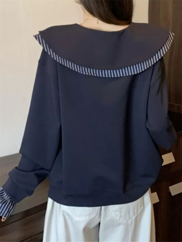 Women's Navy Blue Sailor Collar Sweatshirt Fake Two-Piece Striped Pullover