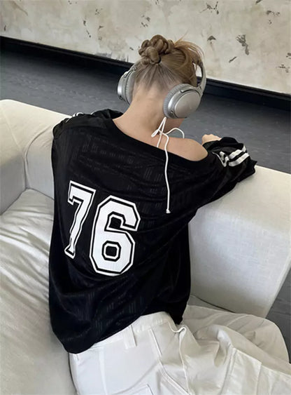 Vintage Star One-Shoulder Letter Print Slouchy Sweatshirt