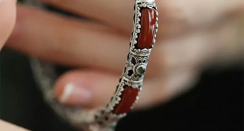 Chinese-Inspired Sterling Silver Bracelet Bangle with South Red Agate and Openwork