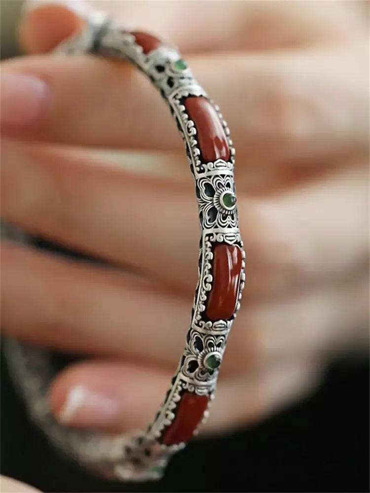 Chinese-Inspired Sterling Silver Bracelet Bangle with South Red Agate and Openwork