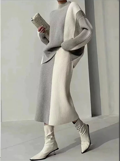 Damen-Set aus farblich abgesetztem Rollkragenpullover und Midirock