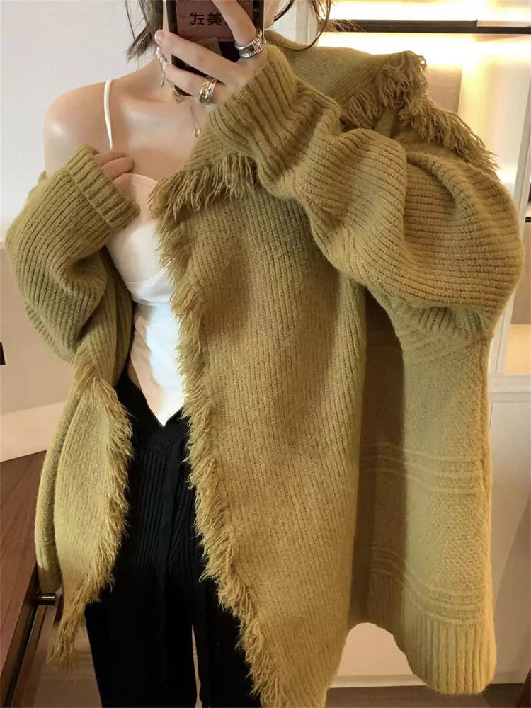 Fashionable Large Lapel Fringed Oversized Knit Cardigan