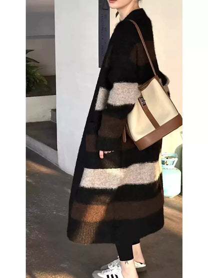 Cárdigan holgado de punto grueso a rayas con bloques de color, largo medio y corte holgado para mujer