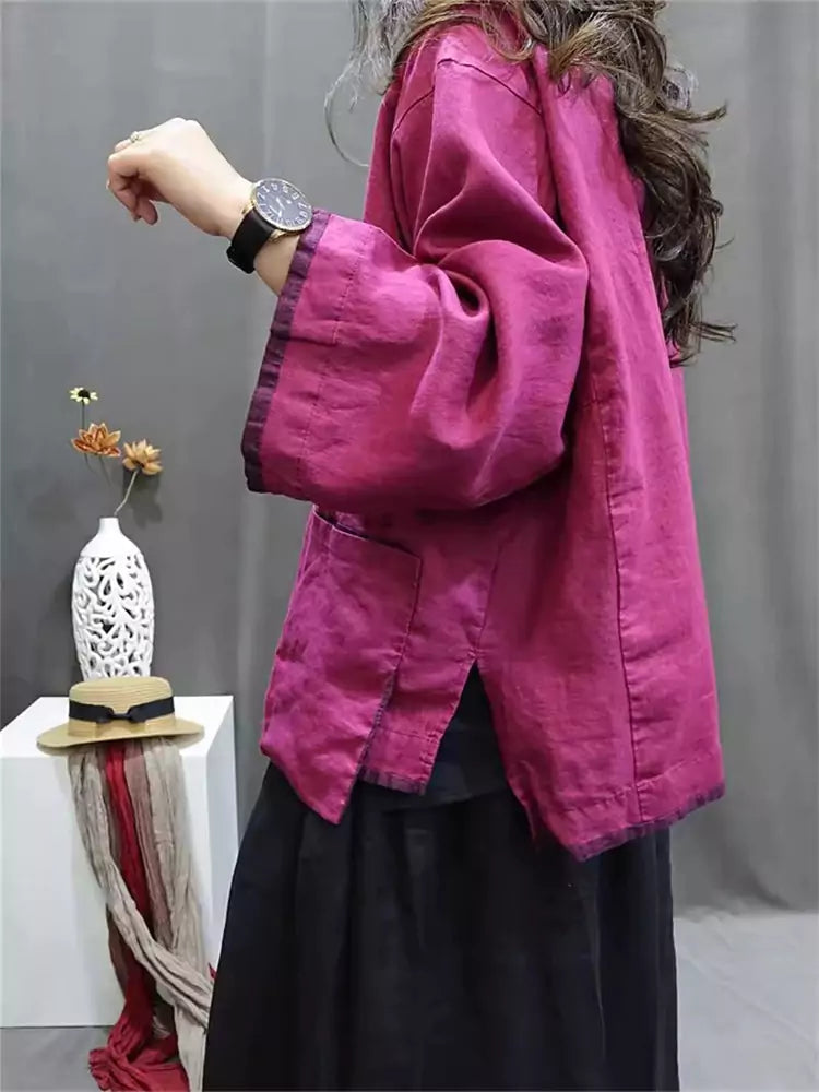 Chic Chinese Style Pink Round Neck Loose Fit Linen Blouse