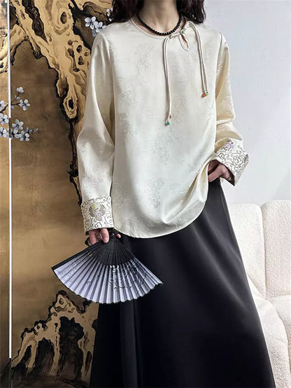 Vintage Inspired Apricot Satin Jacquard Blouse with Chinese Knot Buttons