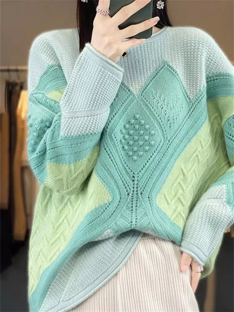 Luxuriöser grüner Kaschmirpullover mit Rundhalsausschnitt und Farbblock-Design für Damen