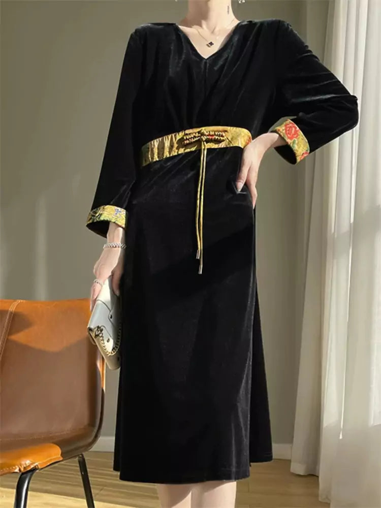 High-Waisted Black Velvet Maxi Dress with Oriental Design