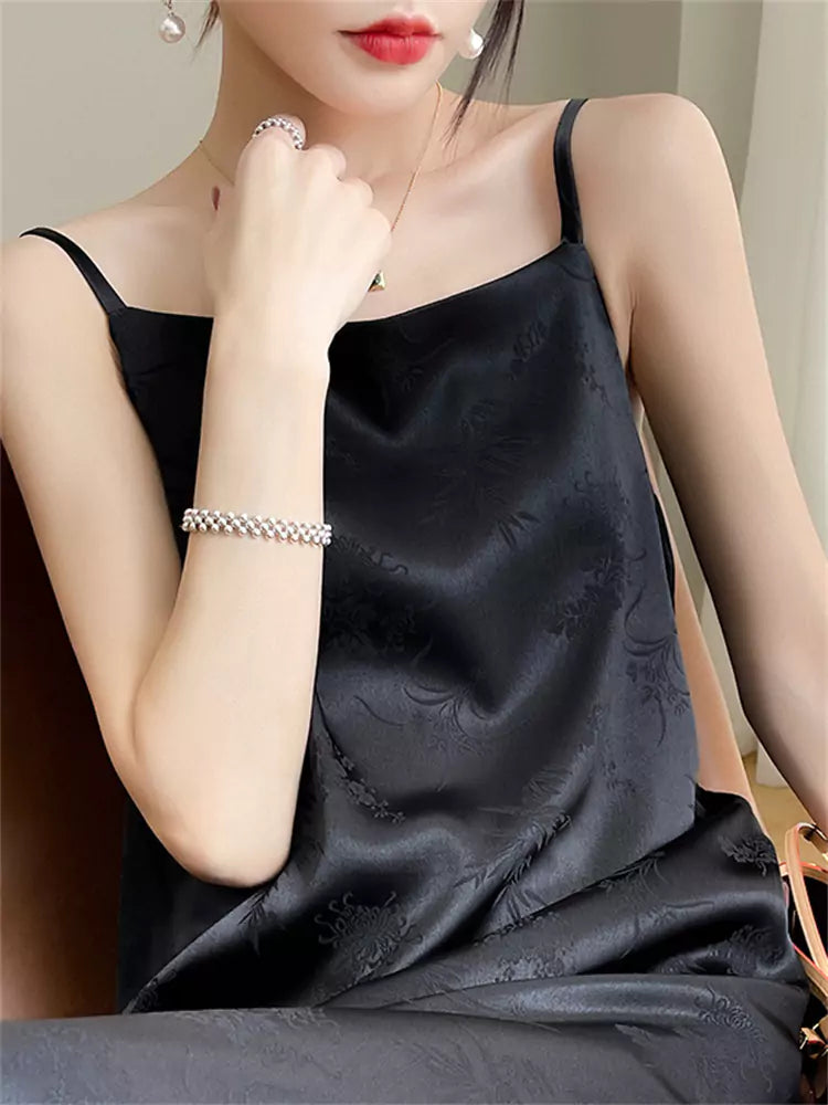 High-End White Satin Blend Jacquard Strap Maxi Dress with French Design