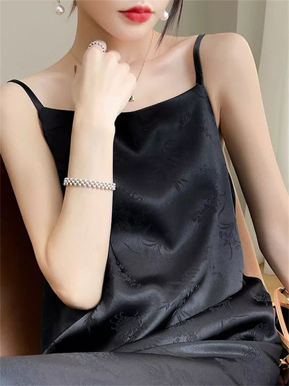 Hochwertiges schwarzes Maxikleid mit Jacquard-Trägern aus Satin-Mischgewebe im französischen Stil