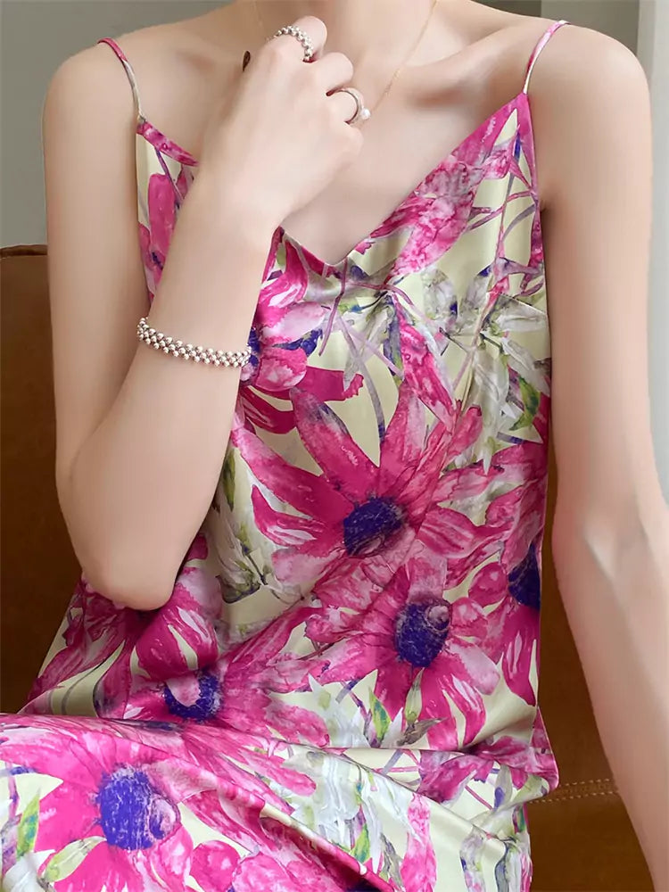 Elegant French-Inspired Silk Strap Midi Dress with Ink Wash Design