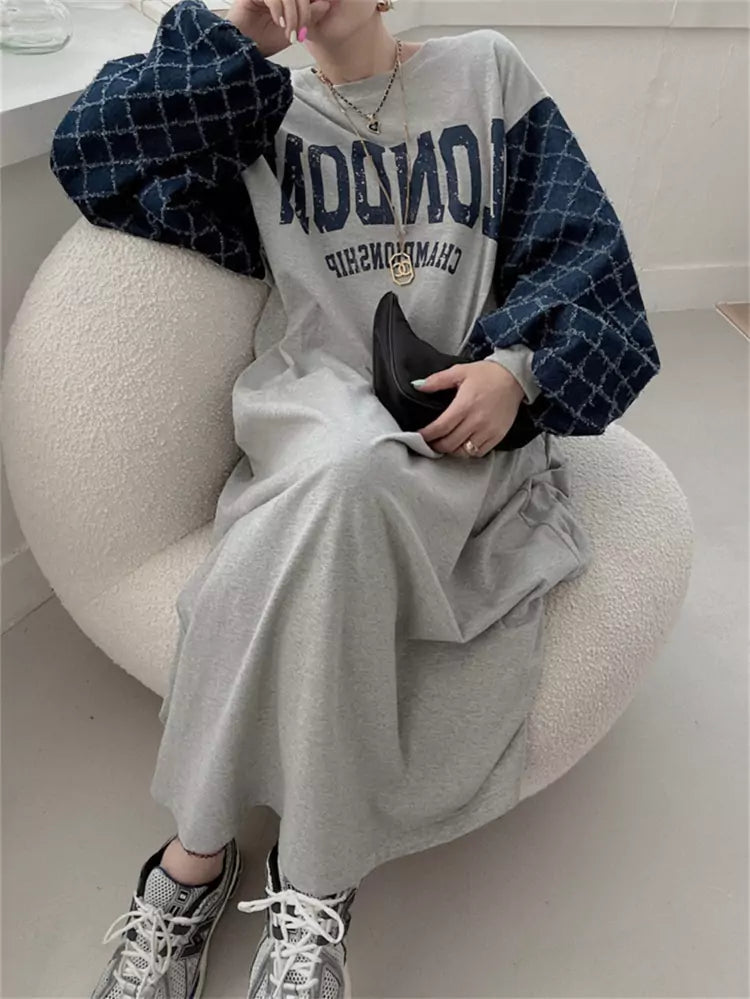 Women's Round Neck Letter Print Patchwork Plaid Lantern Sleeve Dress