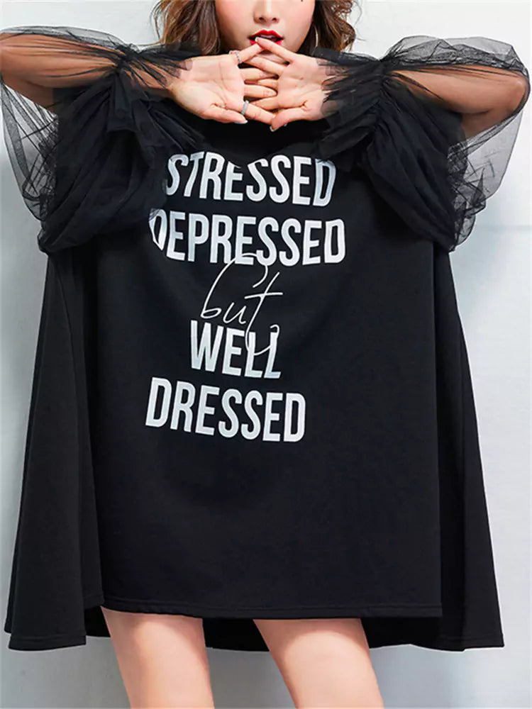 Oversized Letter Print Mesh Lantern Sleeve Midi Dress