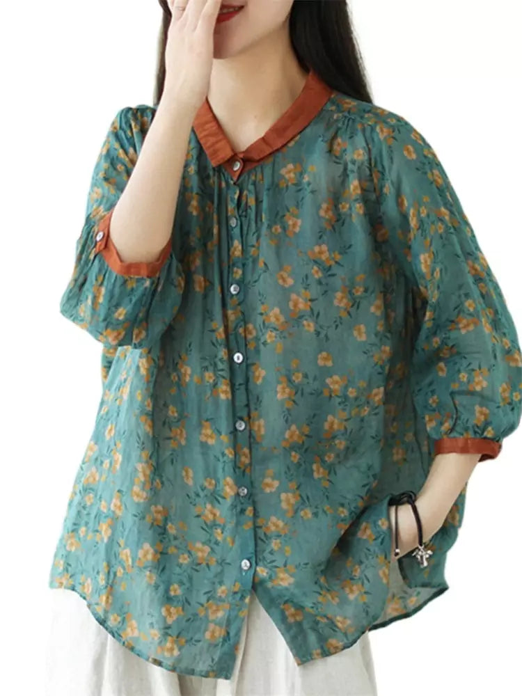 Floral Cotton-Linen Loose-Fit 3/4 Sleeve Shirt for Women