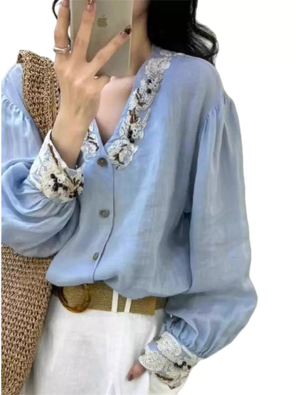 Vintage-Damenbluse im französischen Stil mit Stickerei, langärmlig, blau